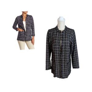 Catherine Maladrino Black Boucle Houndstooth Tweed Open Front Blazer